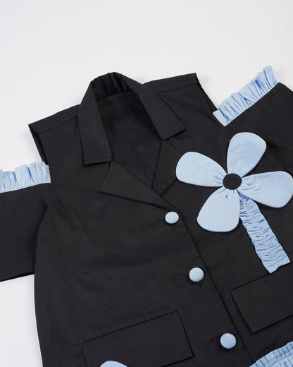 Girls Shoulder Contrast Flower Dress