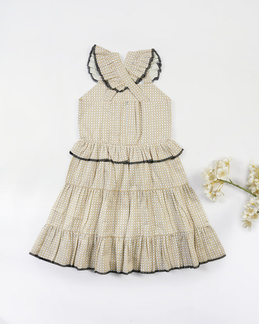 Girls Cross Back Ruffled Waist Midi Dress
