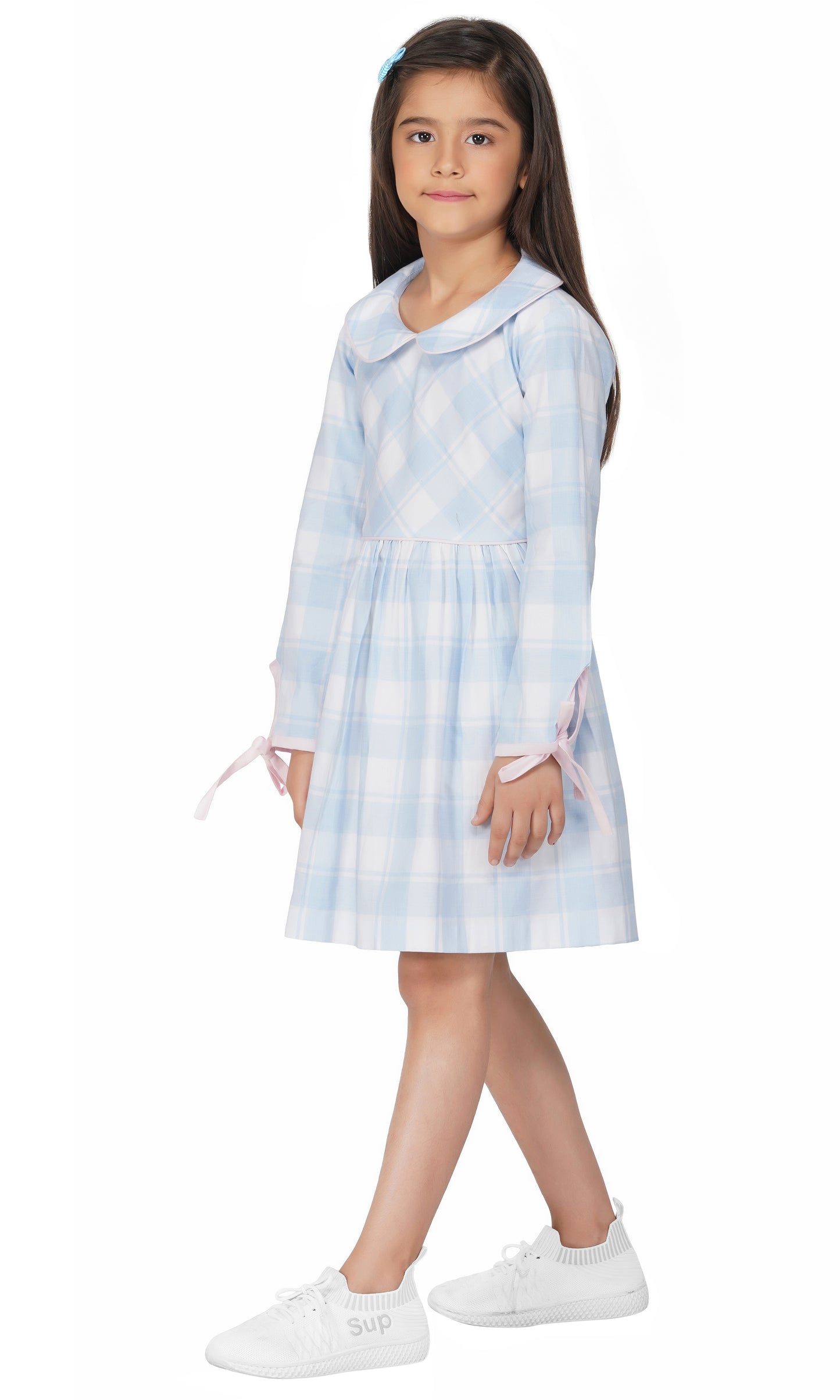 Girls gingham summer dress with pink detailing