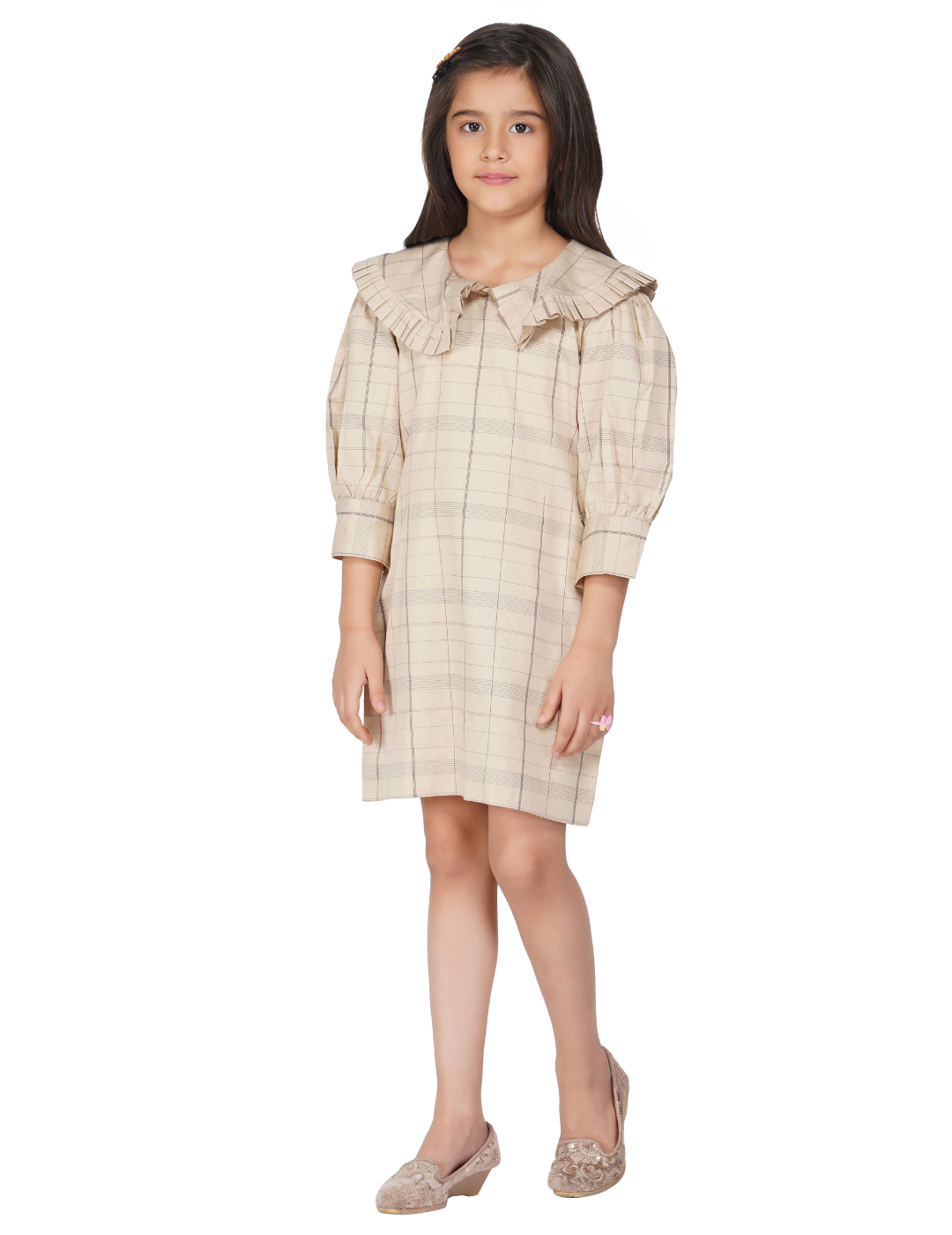 Girls Checkered frill collar dress