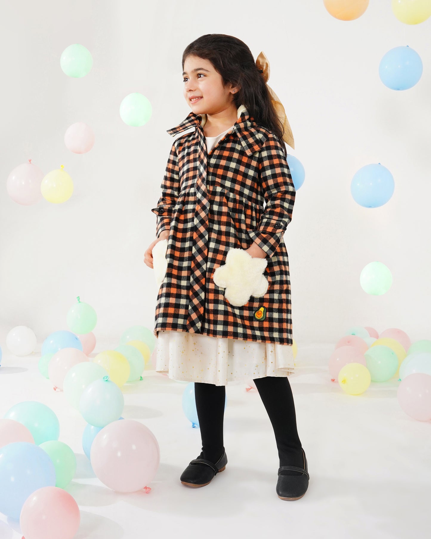 Girls Winter Checks Star Pocket Coat