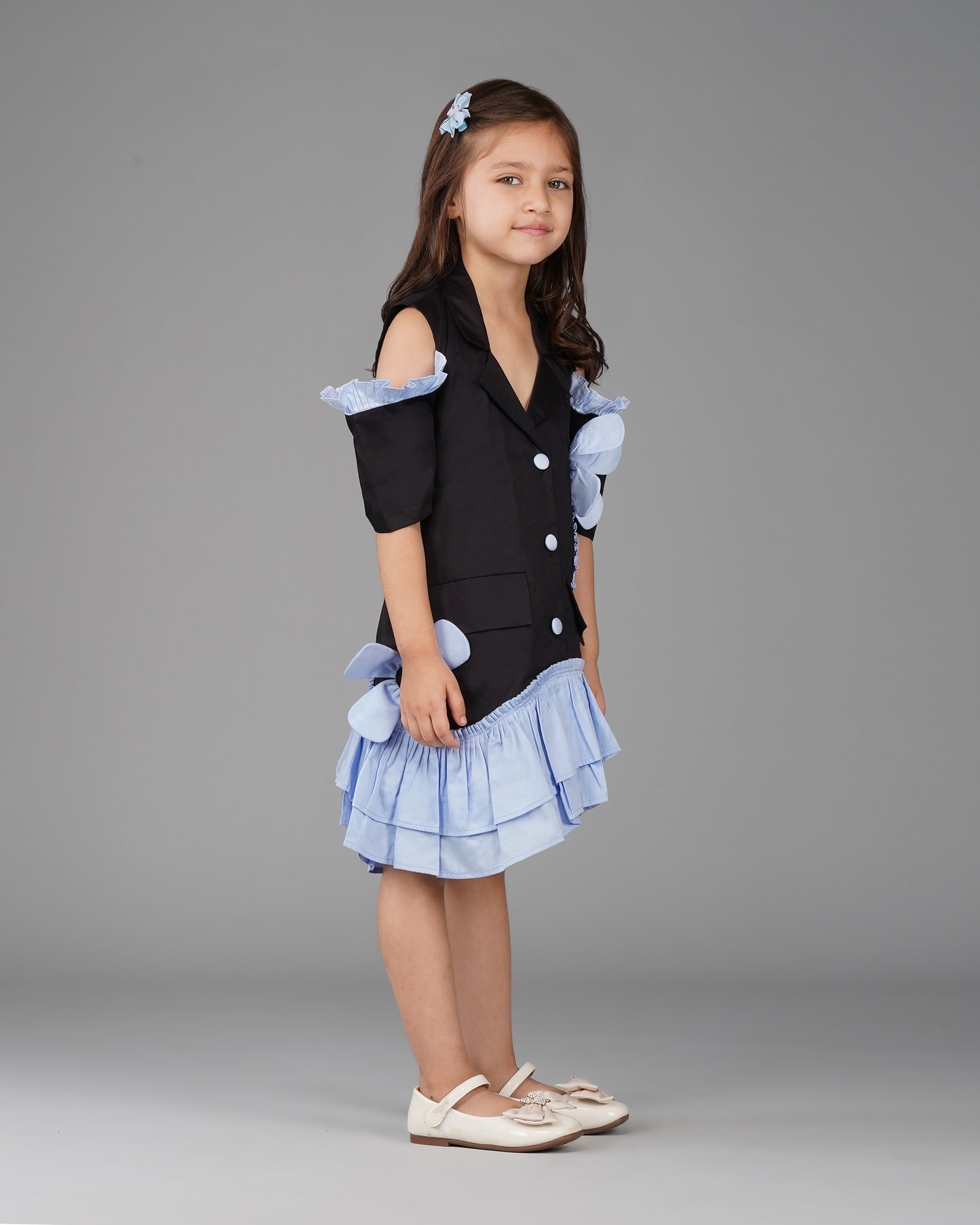 Girls Shoulder Contrast Flower Dress