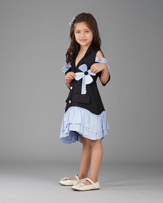Girls Shoulder Contrast Flower Dress