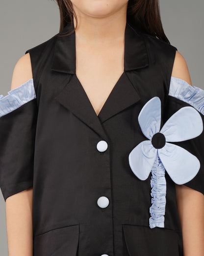 Girls Shoulder Contrast Flower Dress